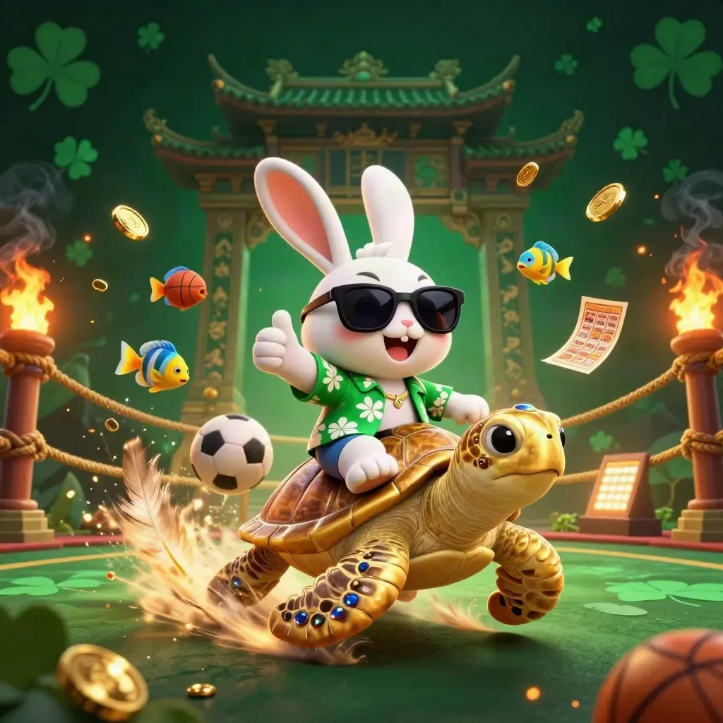 Rabbit on golden sea turtle amid casino treasure, temple gate, and emerald glow.