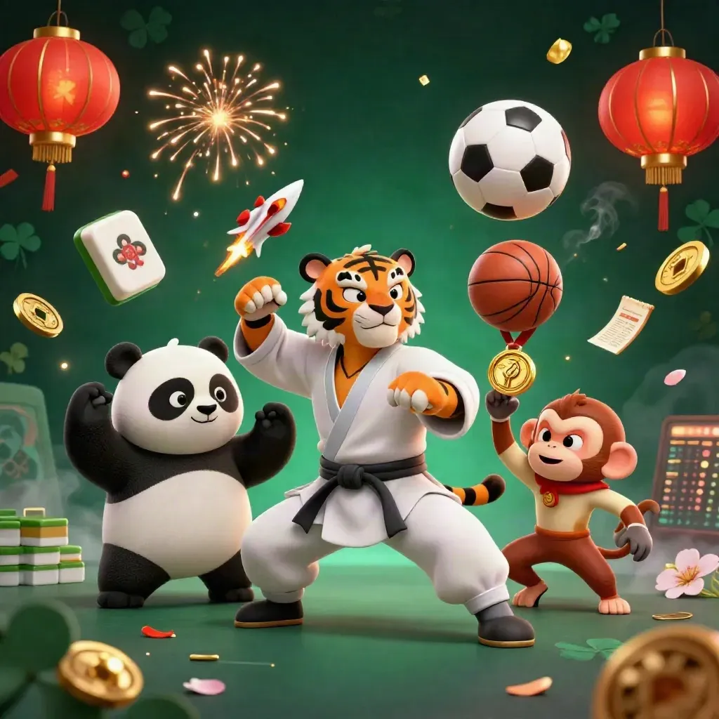 Kung-fu tiger, panda, and monkey amid flying casino game props and sports balls.