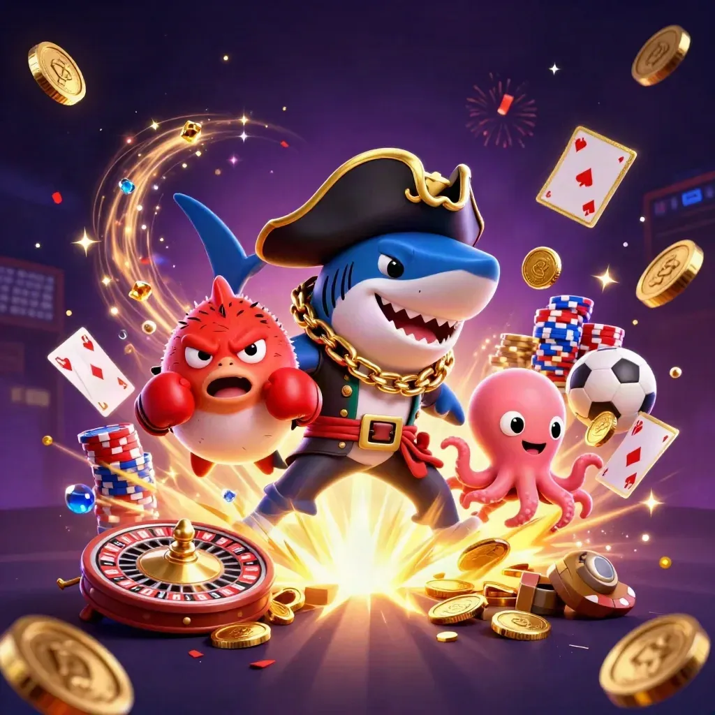 Shark pirate, boxing pufferfish, and juggling octopus amid gold coins and casino action.