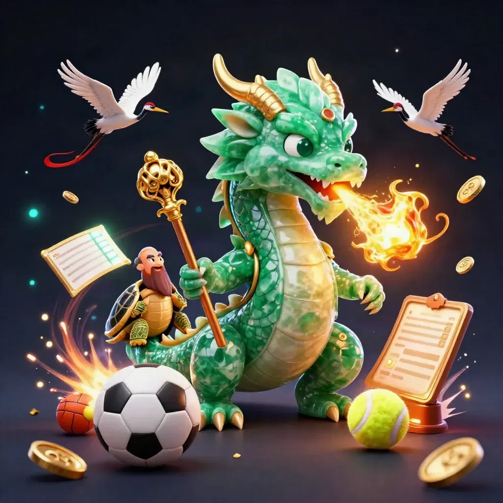 Emerald dragon, turtle sage and cranes explode amid sports balls, gold, and fire on navy casino glow.