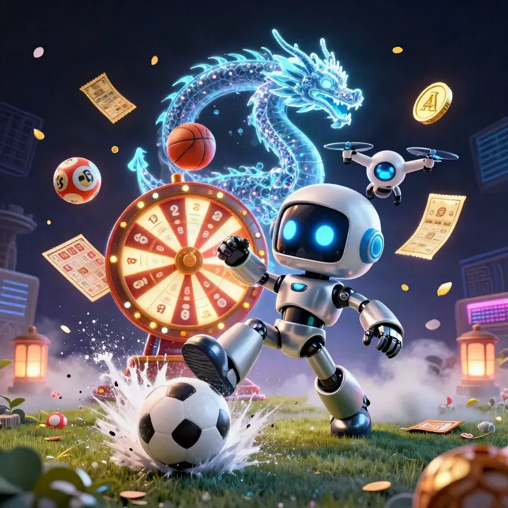 Robot mascot, holographic dragon, and drone amid a frozen soccer strike with casino effects.