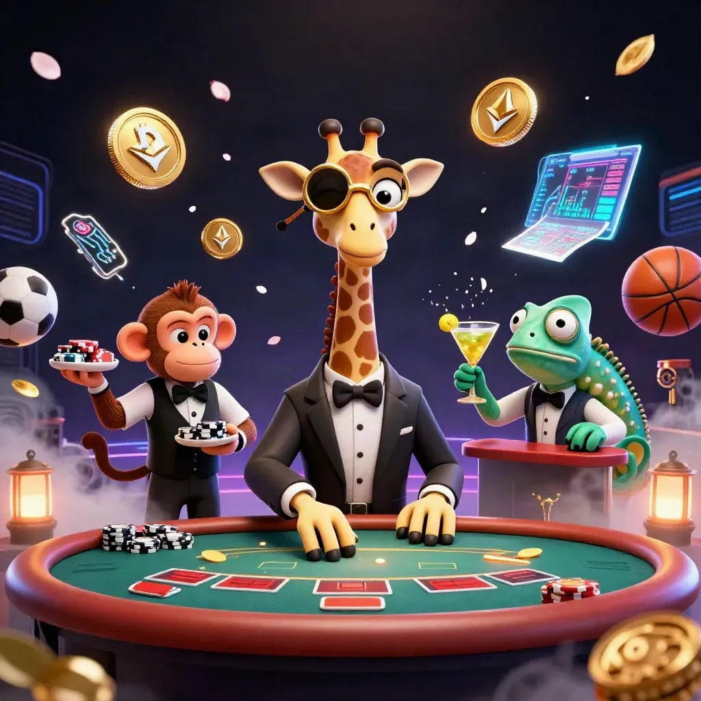 Three cartoon casino characters amid flying coins, balls, and neon light over a dark luxury backdrop.