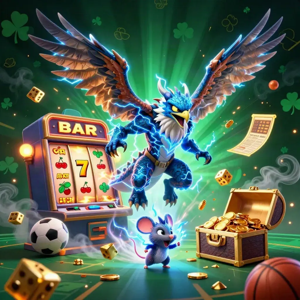 Thunder dragon, wind hawk and static mouse amid casino loot and flying sports icons.