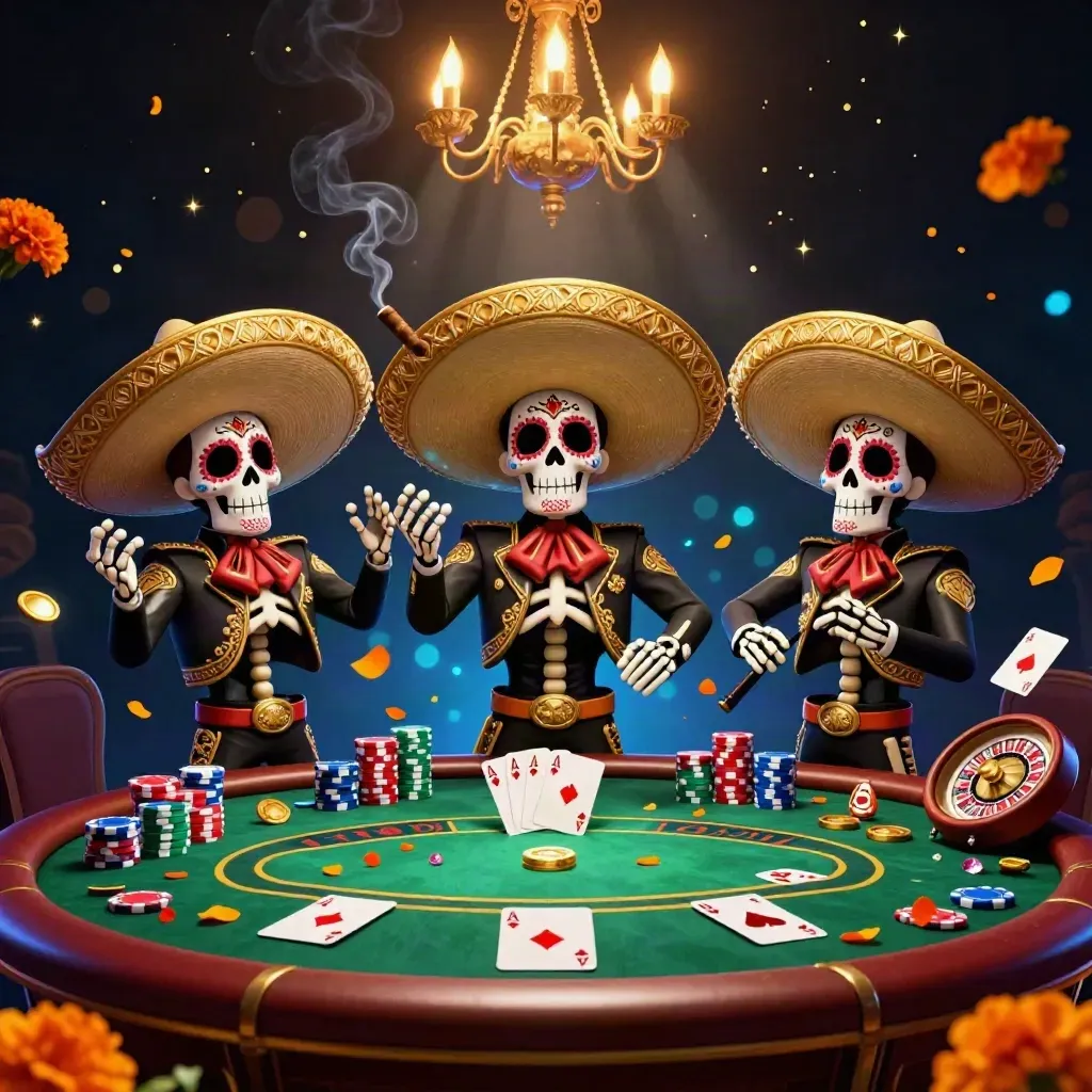 Day-of-the-Dead skeleton mariachi trio at a luxe casino table with chips, cards, and a spinning roulette wheel