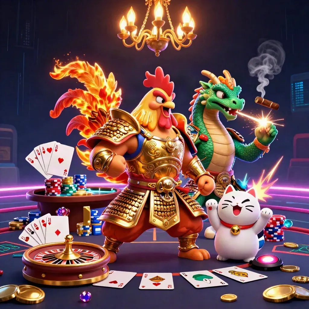 Rooster warrior, dragon hatchling, and fortune cat amid glowing casino gold and neon light