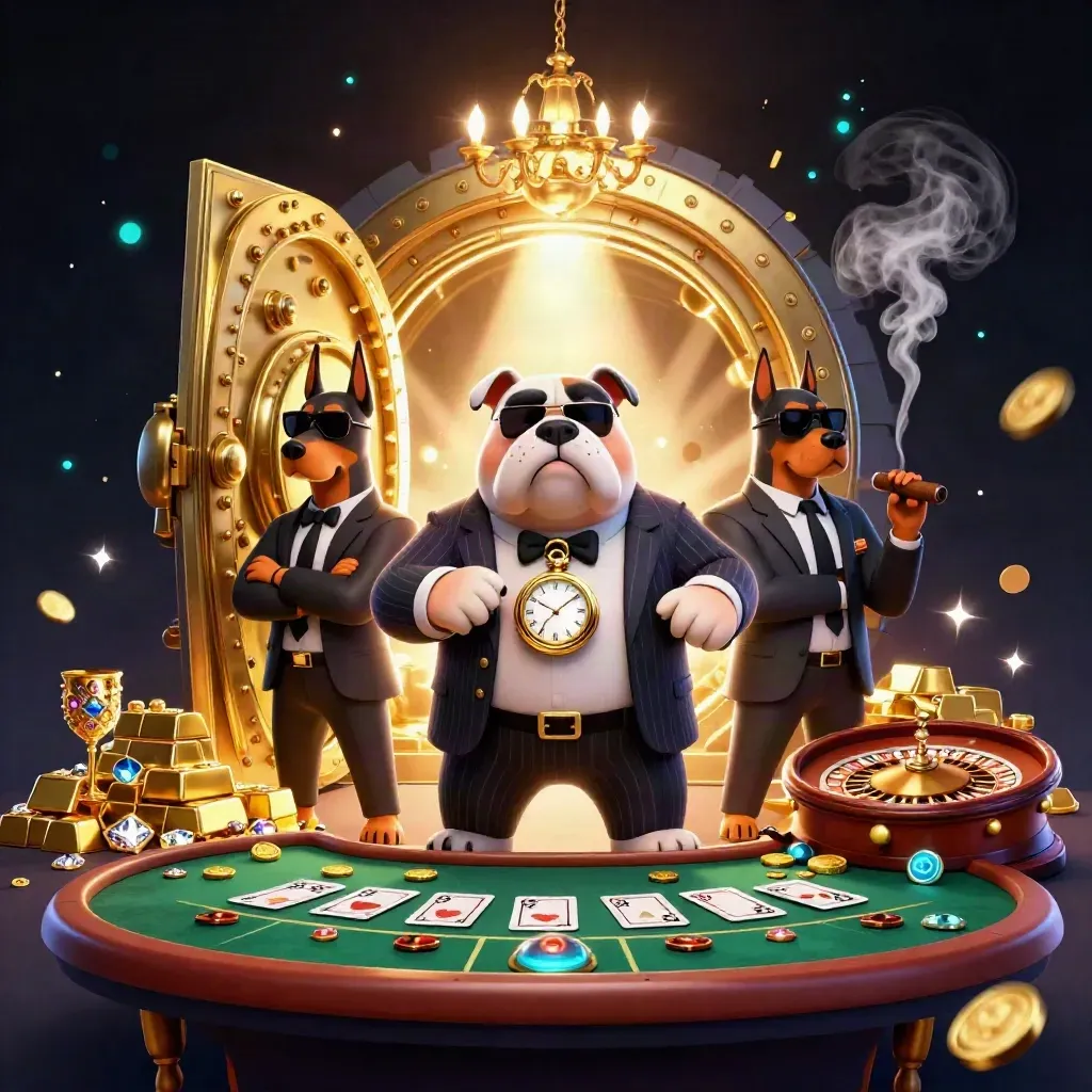 Bulldog mob boss with two Dobermans in a luxe gold vault room amid casino lights