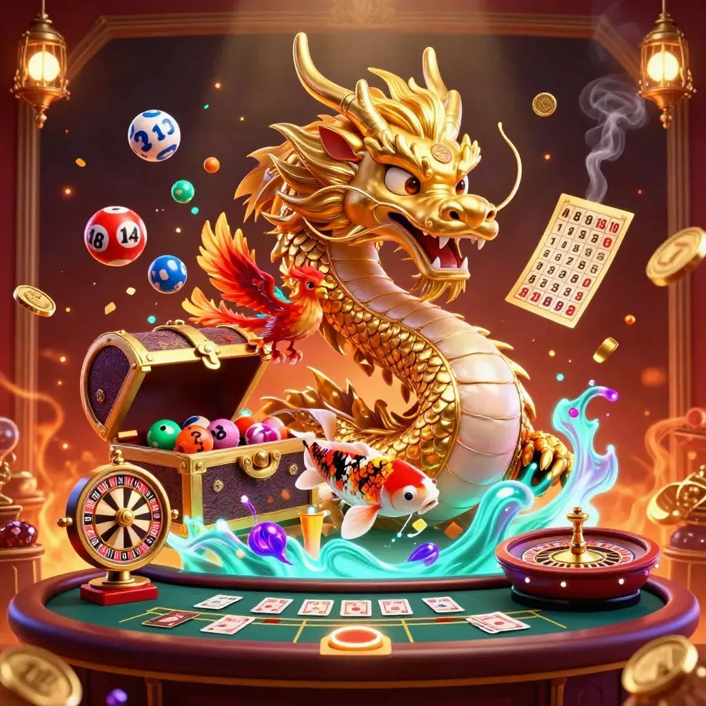 Golden dragon with phoenix and koi amid casino lights, treasure, and floating game elements.