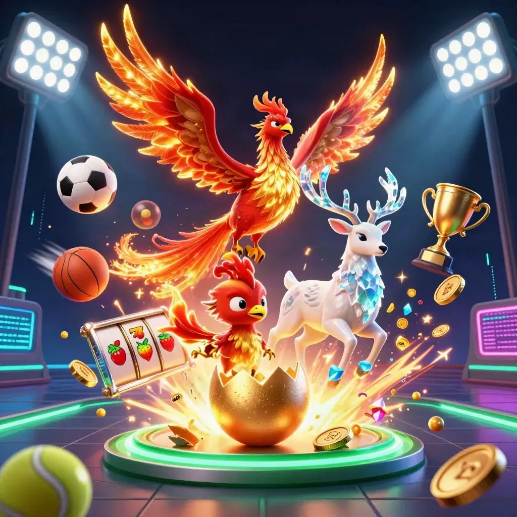 Phoenixes and a crystal stag burst amid casino sparks, sports balls, coins, and neon gold-green energy.