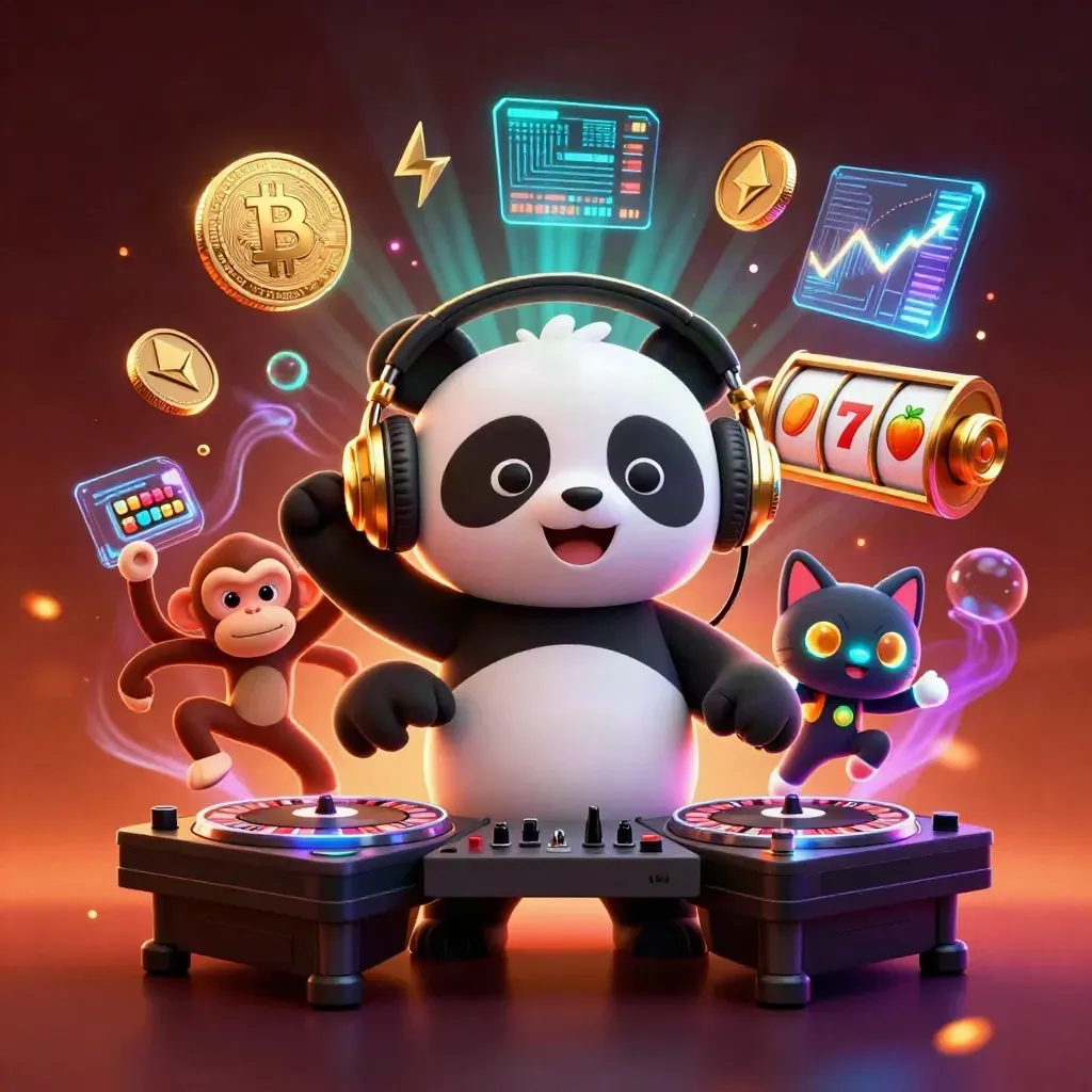 DJ panda, breakdancing monkey, and glow-stick kitten with neon casino bursts