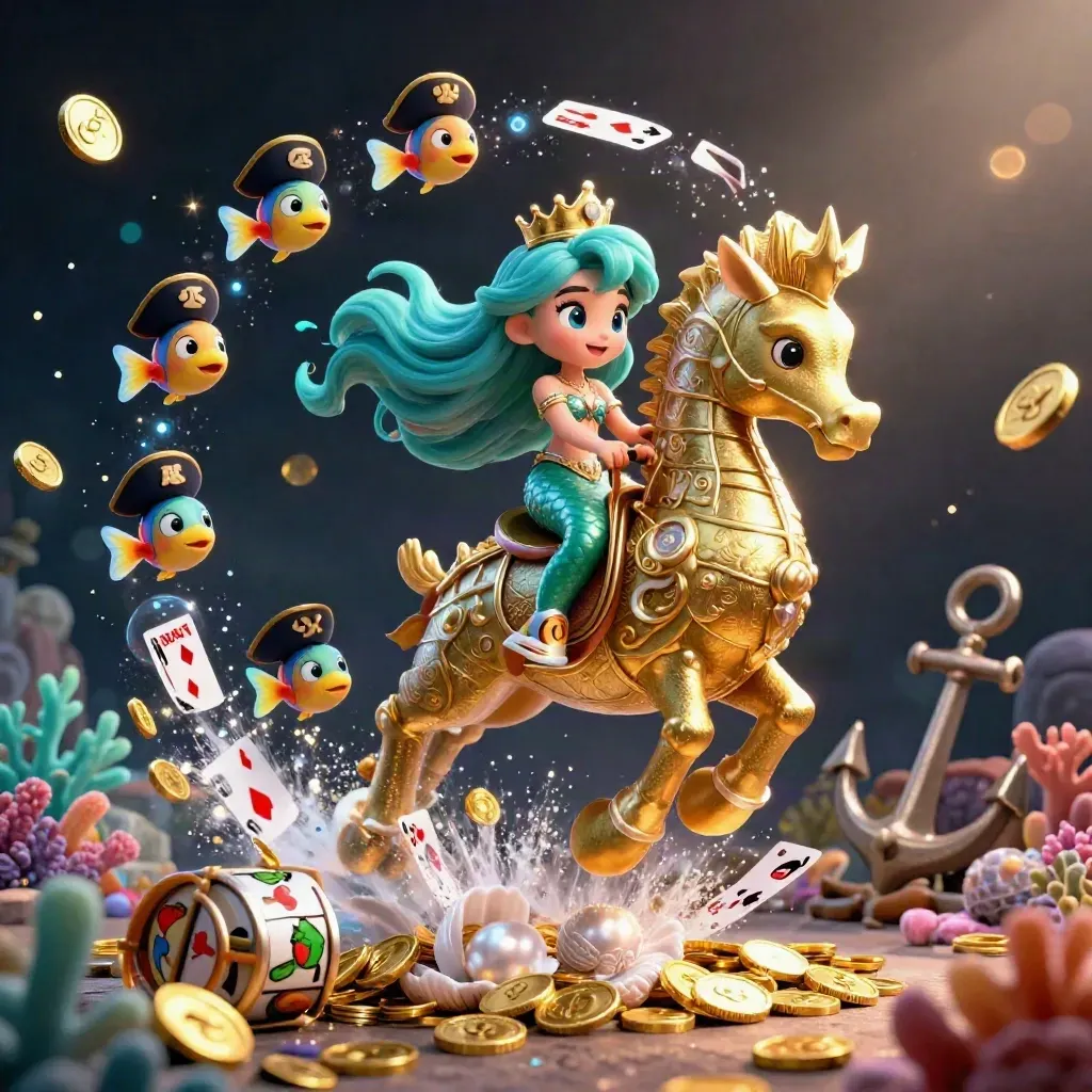 Mermaid princess rides a golden seahorse through a treasure cove with fish in pirate hats.