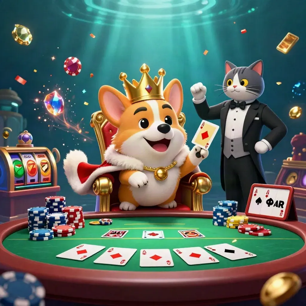 Royal corgi and cat butler on a chip throne, with cards, reels, gems, and emerald underwater magic.