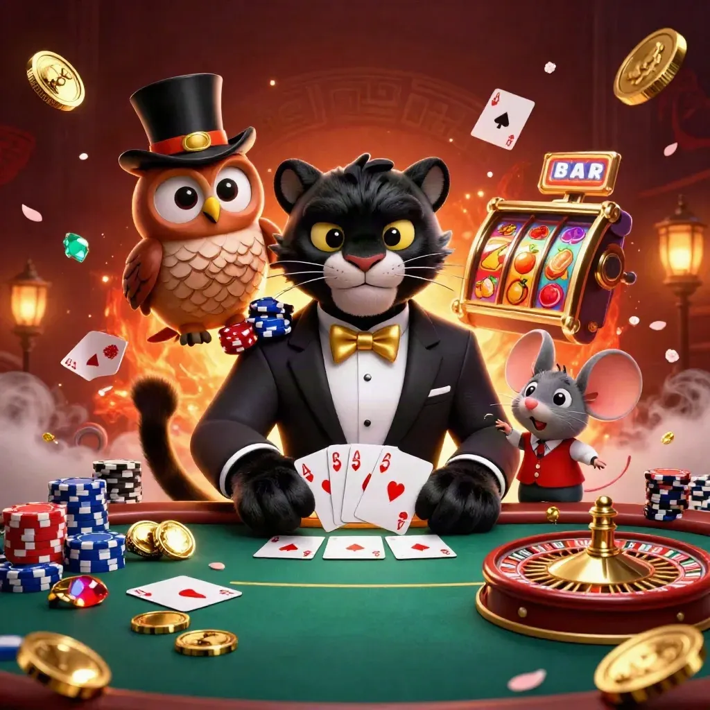 Panther, owl, and mouse in casino glory with cards, chips, coins, gems, and roulette wheel.