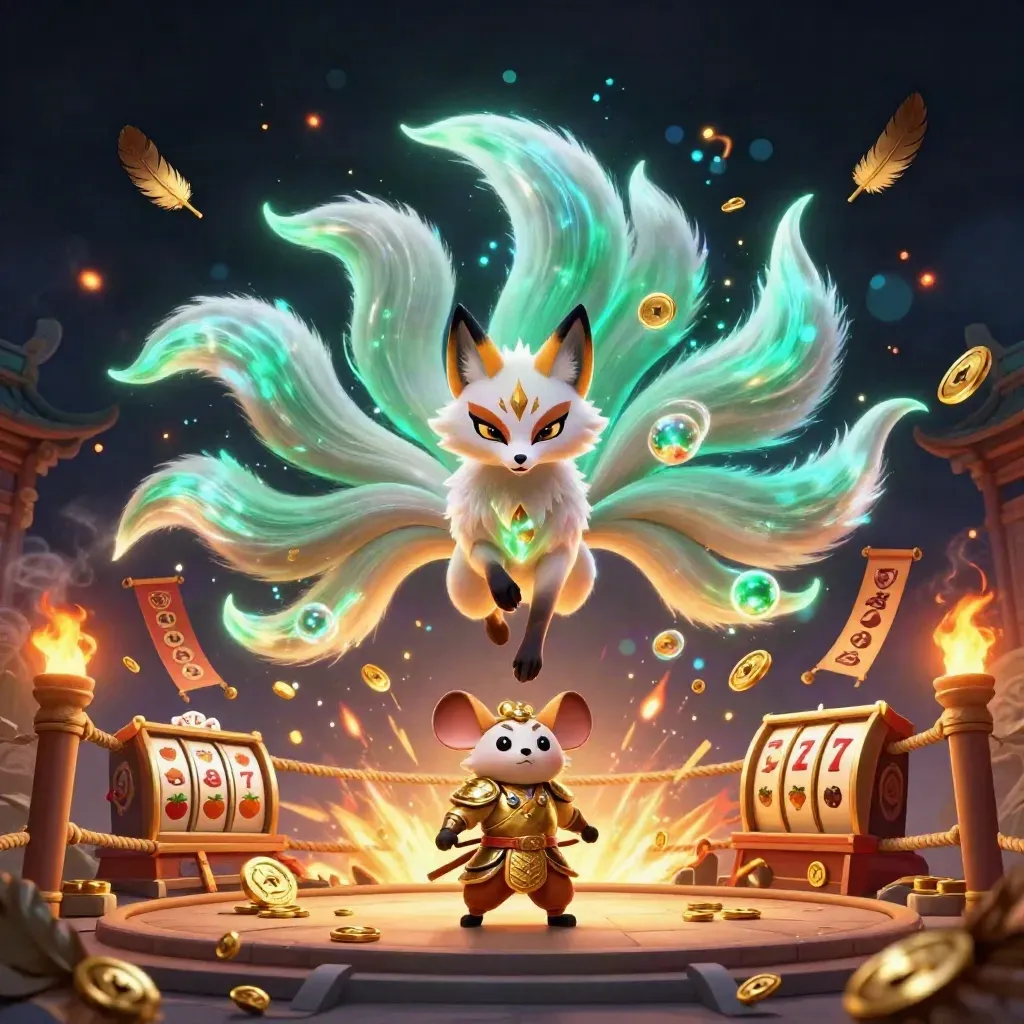 Fox spirit and armored mouse burst with coins, orbs, temple flames, and neon casino energy.