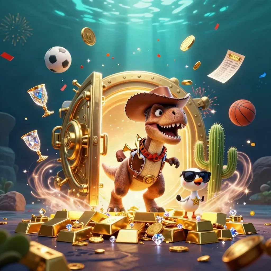 Cowboy T-Rex, cactus, and roadrunner burst from a golden vault with coins, gems, and fireworks.