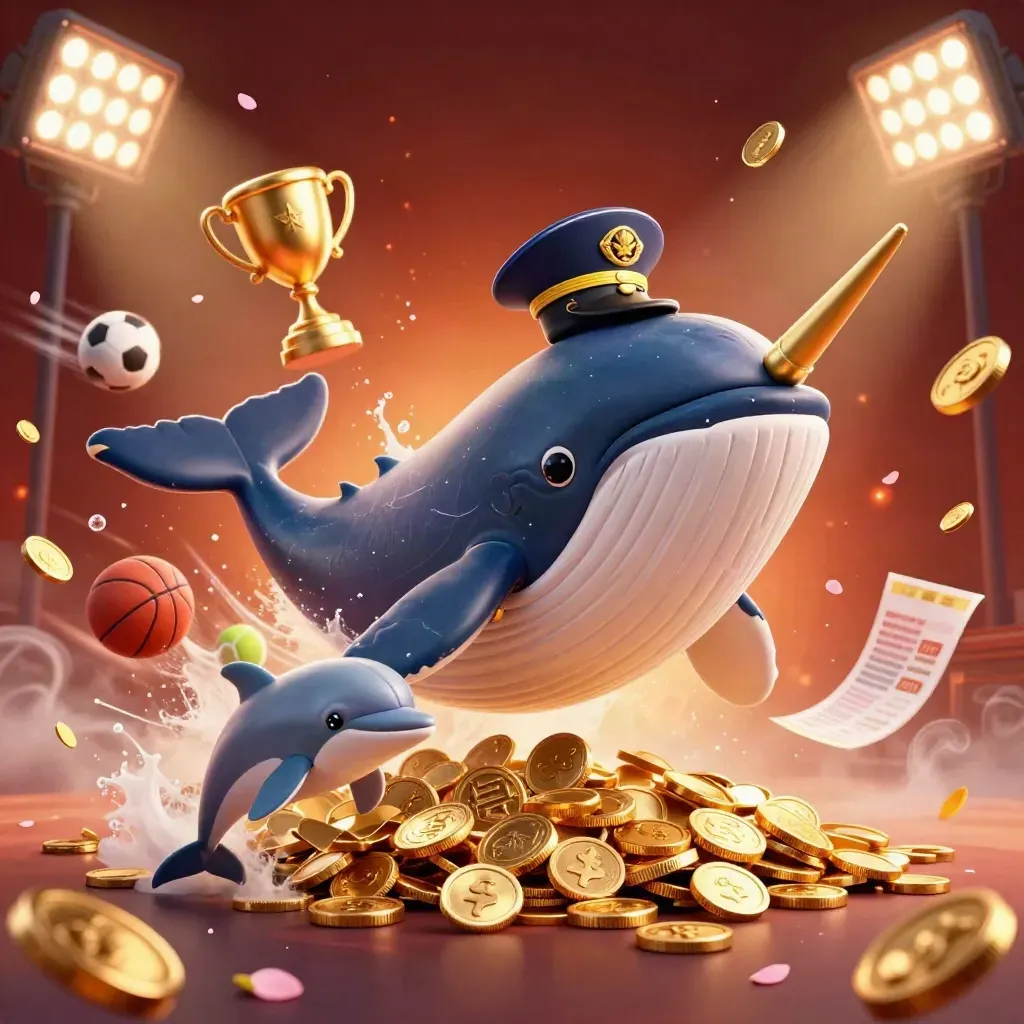 Whale captain, narwhal, and dolphins amid coins, sports balls, trophy, and fiery casino glow.