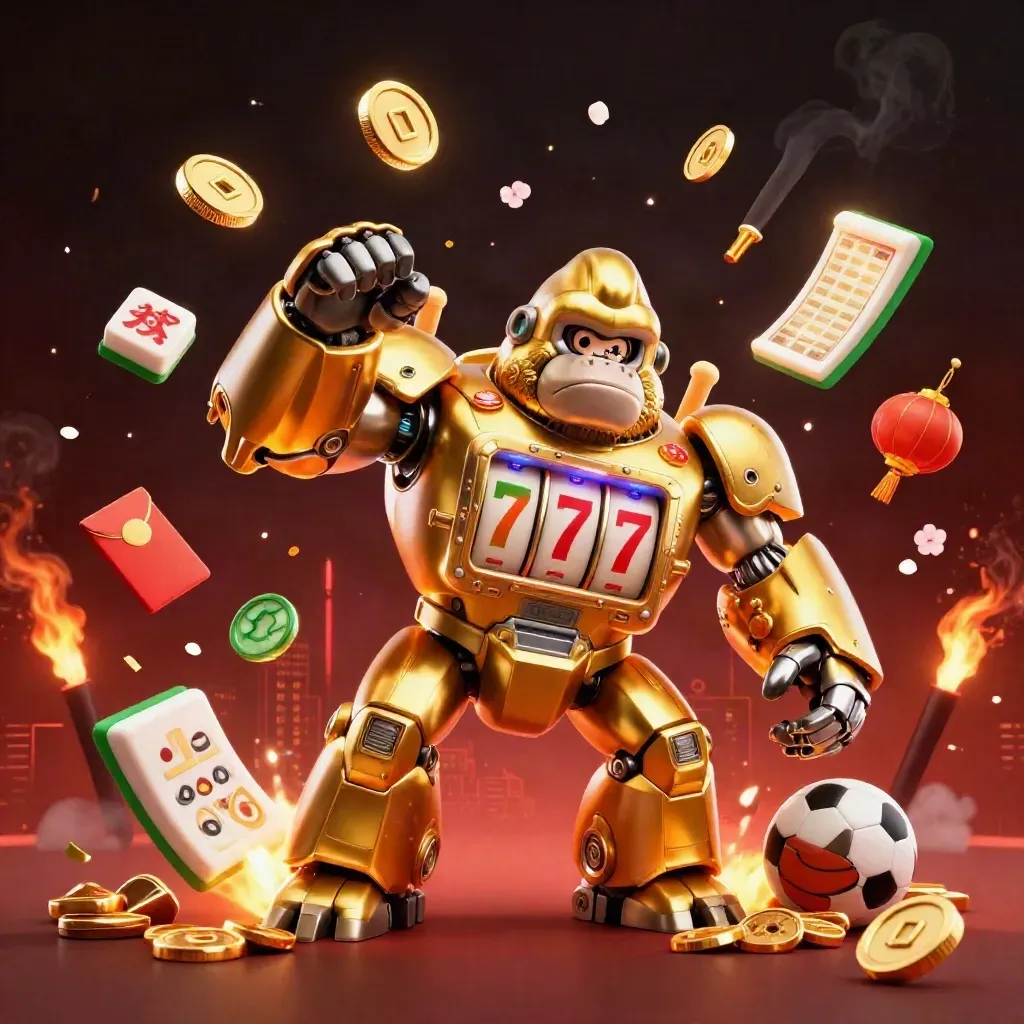 Golden gorilla mech bursts from treasure with casino symbols, fireworks, and a tiny monkey pilot.
