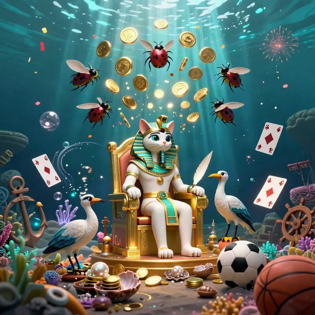 Pharaoh cat, ibis scribe, and gem-winged scarabs amid gold coins, coral, and fireworks underwater
