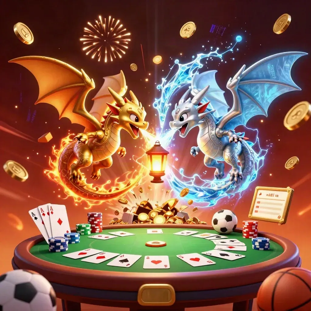 Gold and silver dragons with casino chips, cards, sports balls, and fireworks in a luxury promo burst.