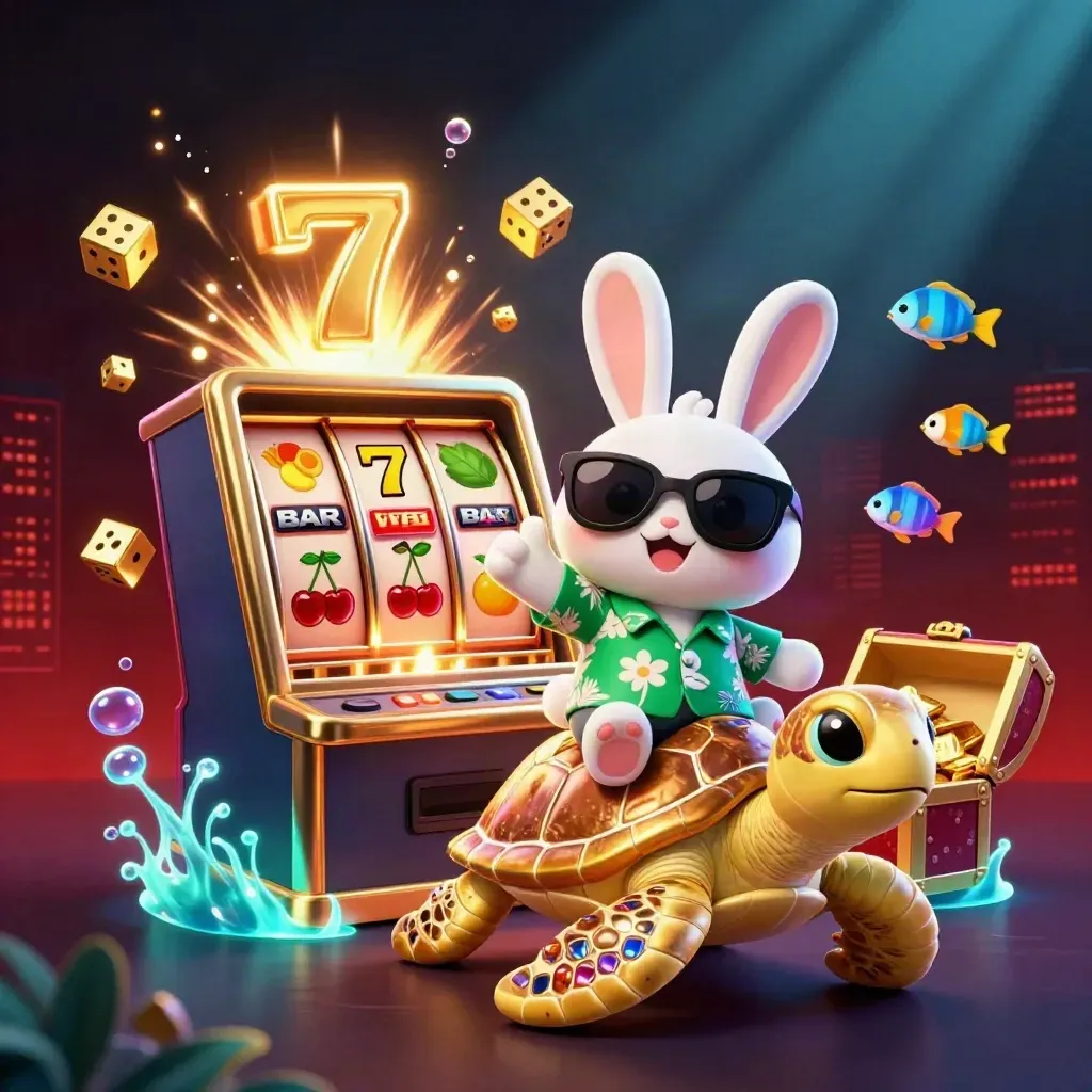 Lucky rabbit rides a jeweled sea turtle amid slot symbols, gold rays, and neon casino glow.
