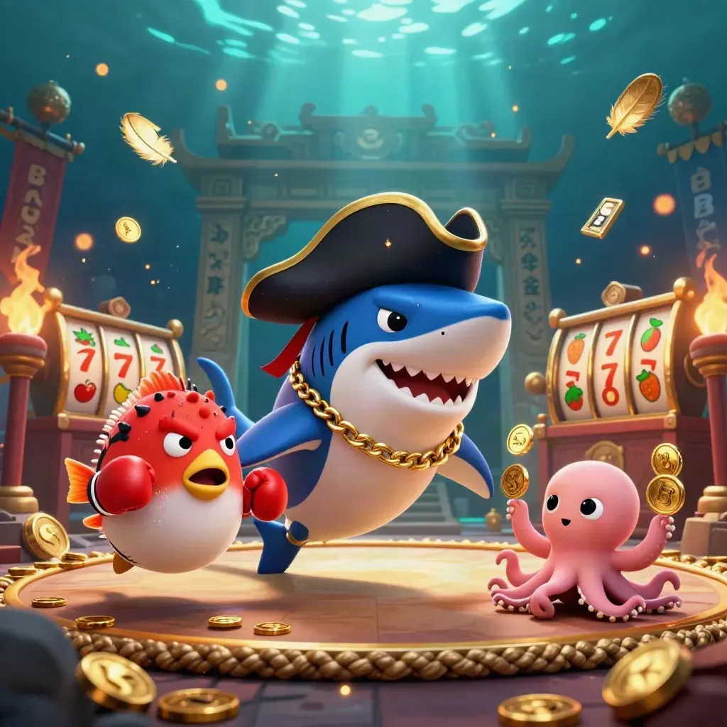 Shark captain, pufferfish boxer, and coin-juggling octopus in a glowing underwater casino scene.