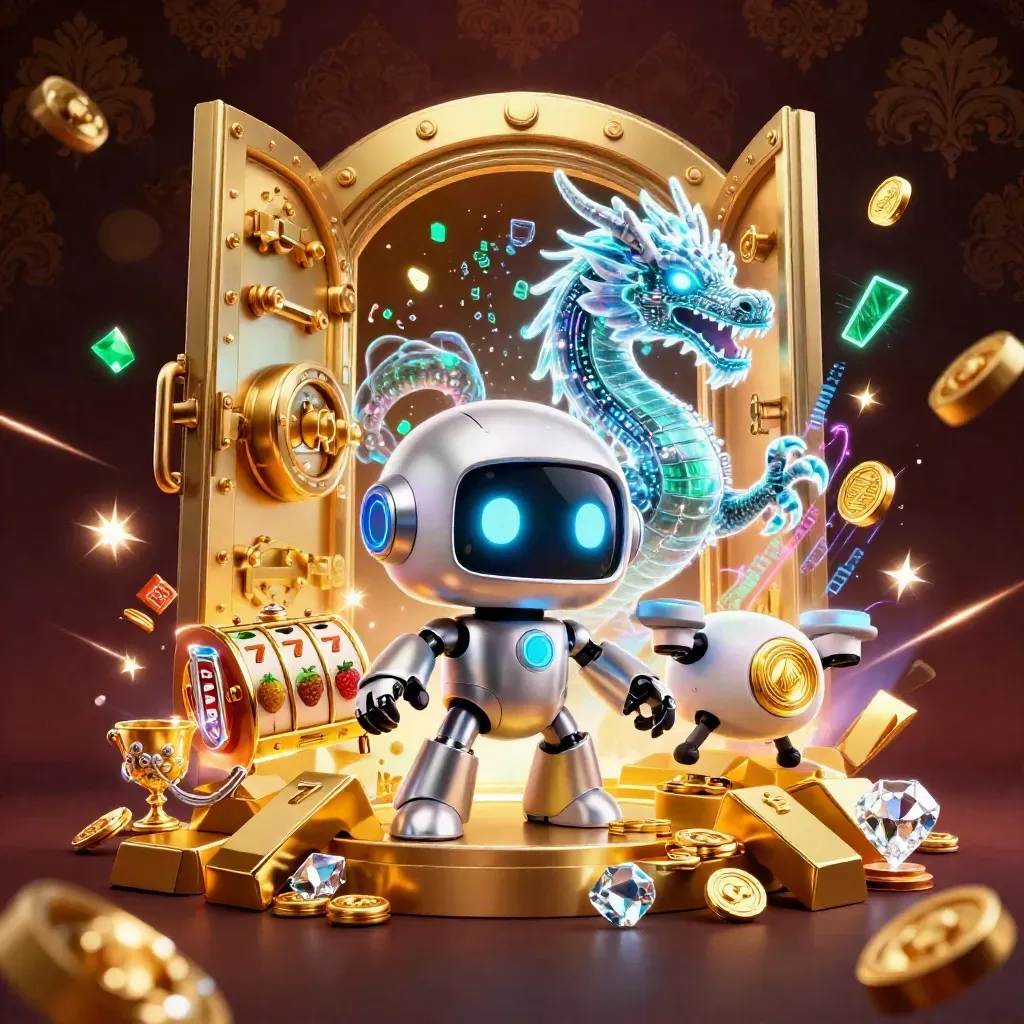 Robot, holographic dragon, and coin drone burst from an open treasure vault amid gold and neon.