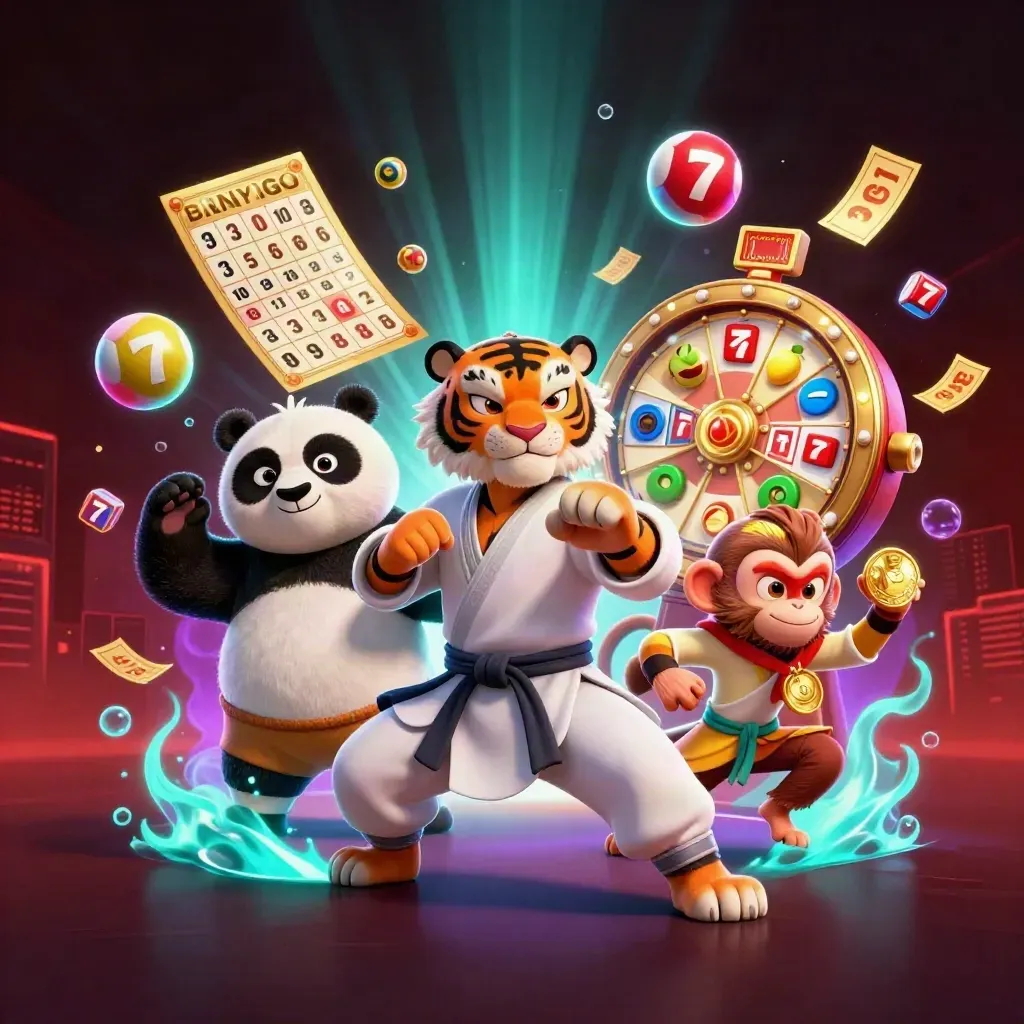 Kung-fu tiger, panda, and monkey amid casino effects in a dark neon glow.