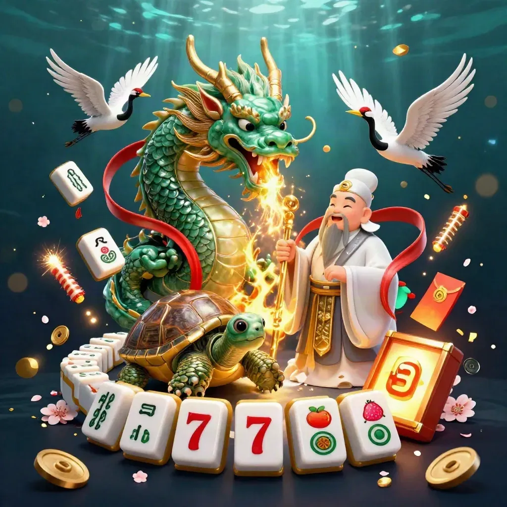Emerald dragon, turtle sage, and cranes amid gold fire, lanterns, coins, and slot reels.