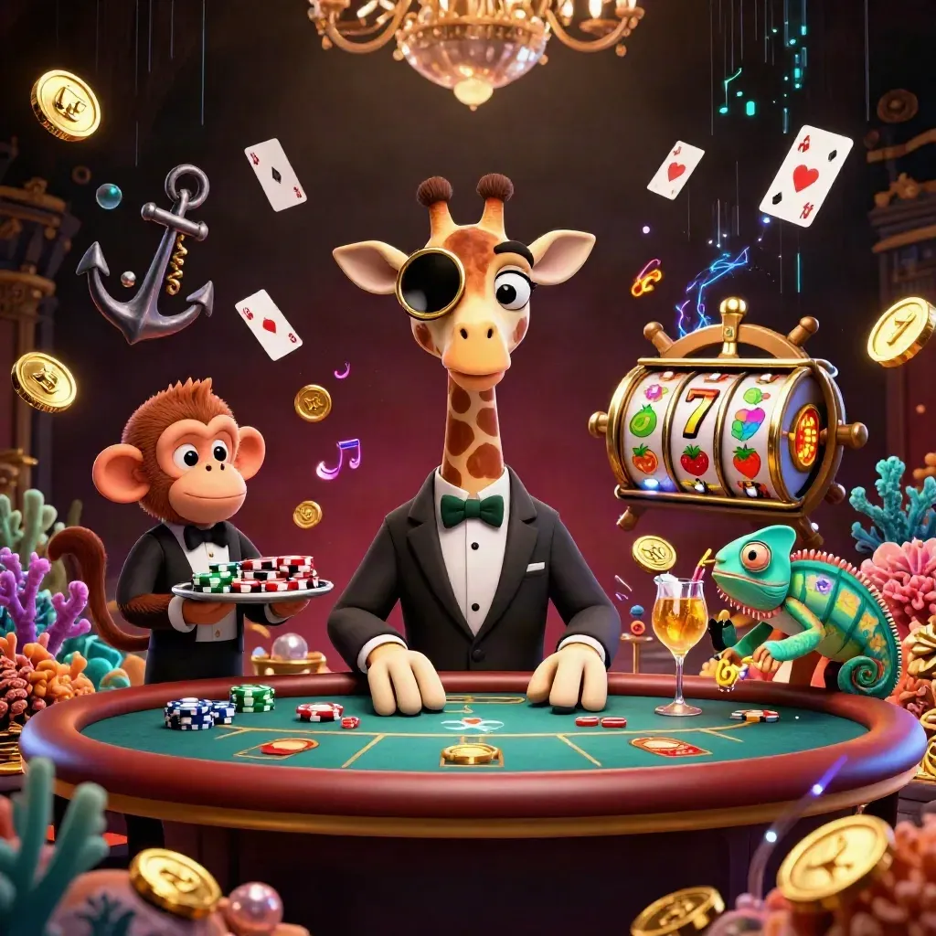 Giraffe, monkey, and chameleon in a luxe casino underwater treasure scene with glowing chips and cards.