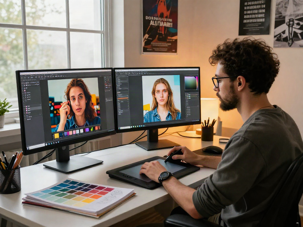 Image to Image transformation in a vibrant digital art studio, showcasing a designer at work.